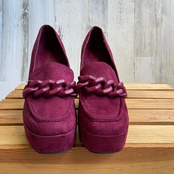 Open Edit Size 6 Lainey Platform Loafer Pumps Chunky Heels Faux Suede Maroon - Picture 2 of 8